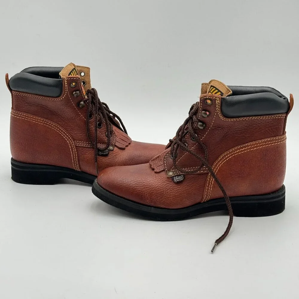 Vintage Justin Brown Leather Kiltie Lace-Up Boots Workwear Western Y2K Y4.5/W6.5